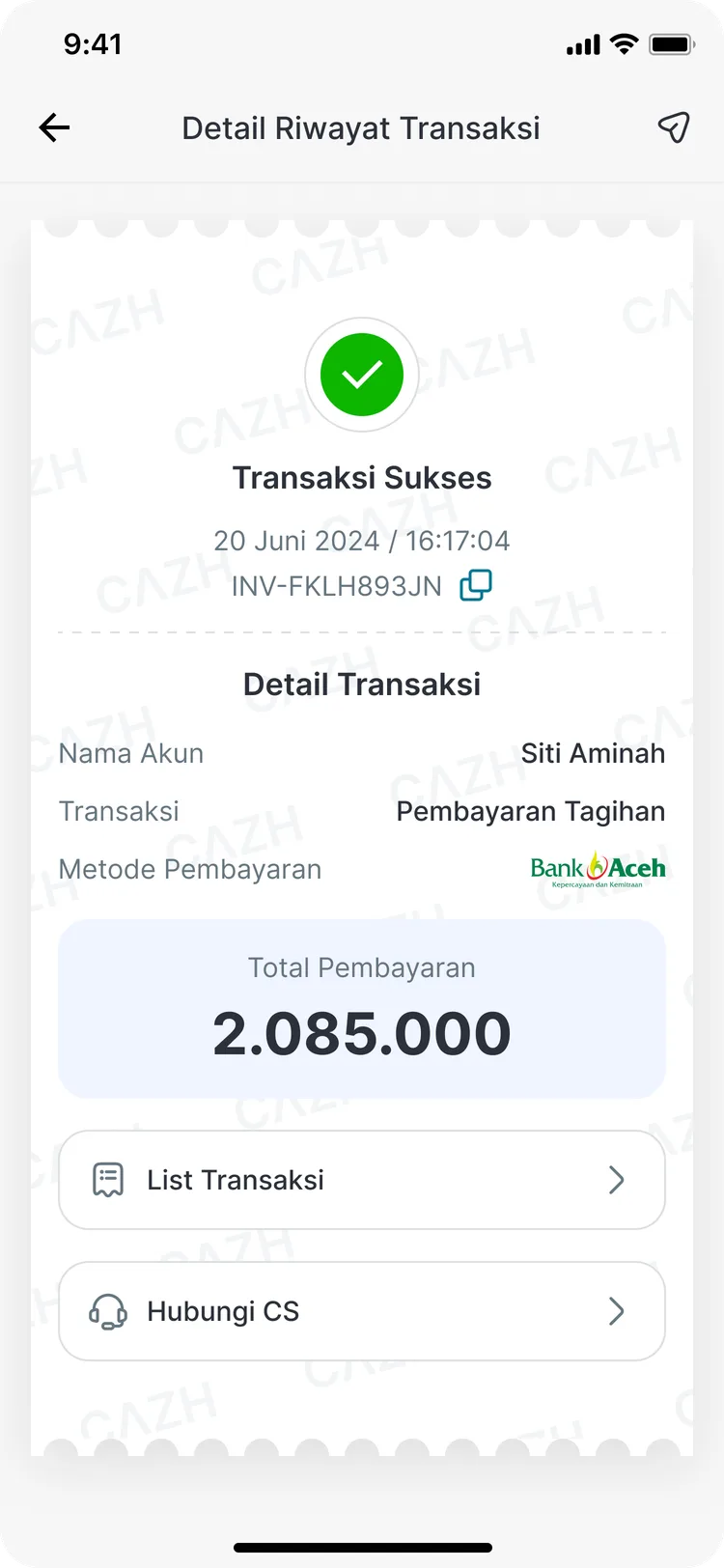 Detail riwayat transaksi pembayaran tagihan yang sukses