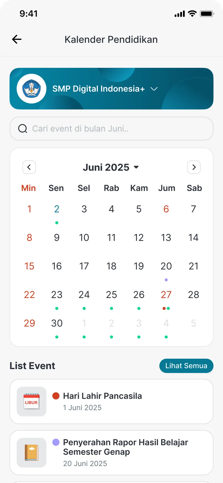 Kalender pendidikan bulanan di aplikasi CARDS