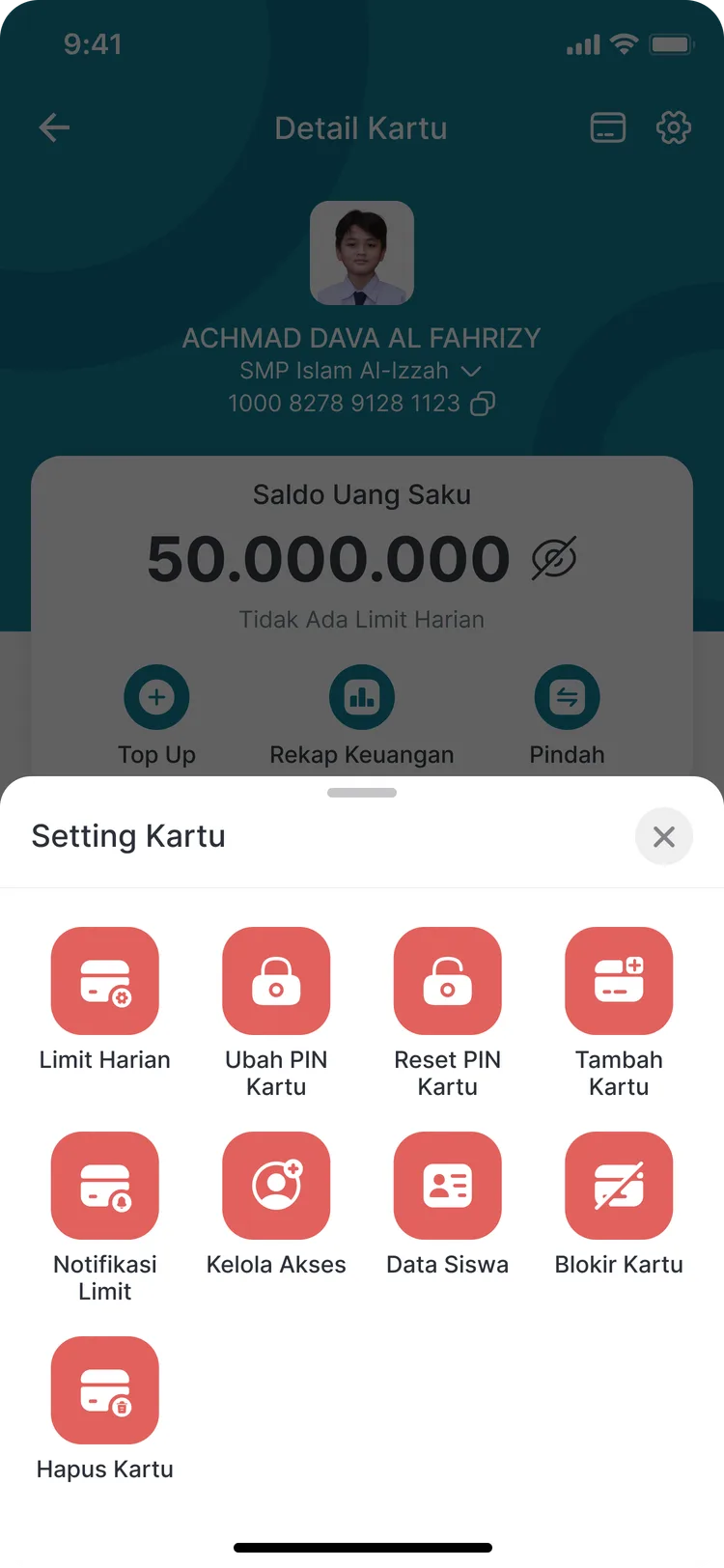 Pengaturan kartu siswa: limit, PIN, blokir kartu