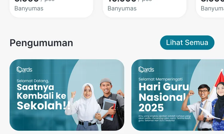 Kartu pengumuman sekolah di beranda aplikasi CARDS