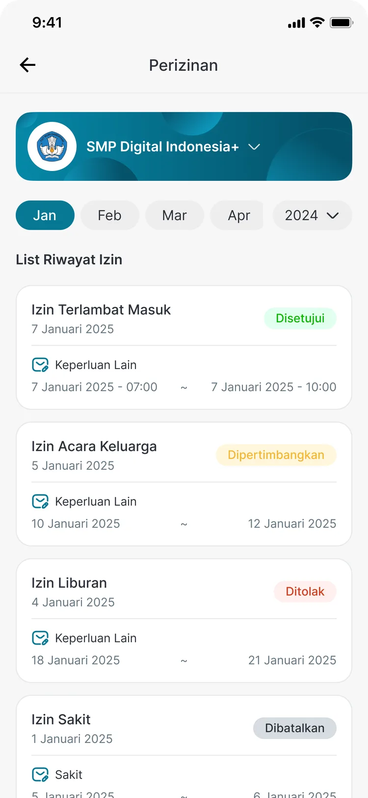 Pengajuan dan riwayat perizinan siswa di aplikasi CARDS