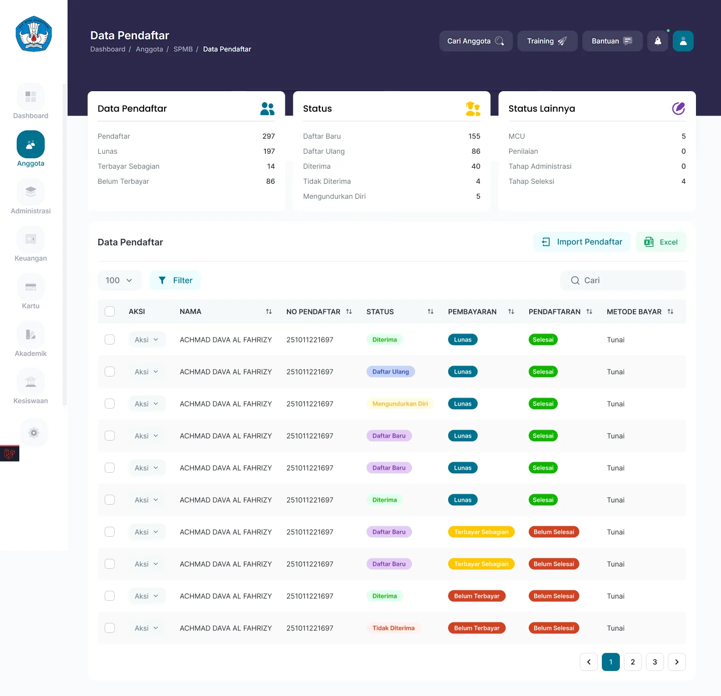 Data pendaftar penerimaan murid baru di dashboard