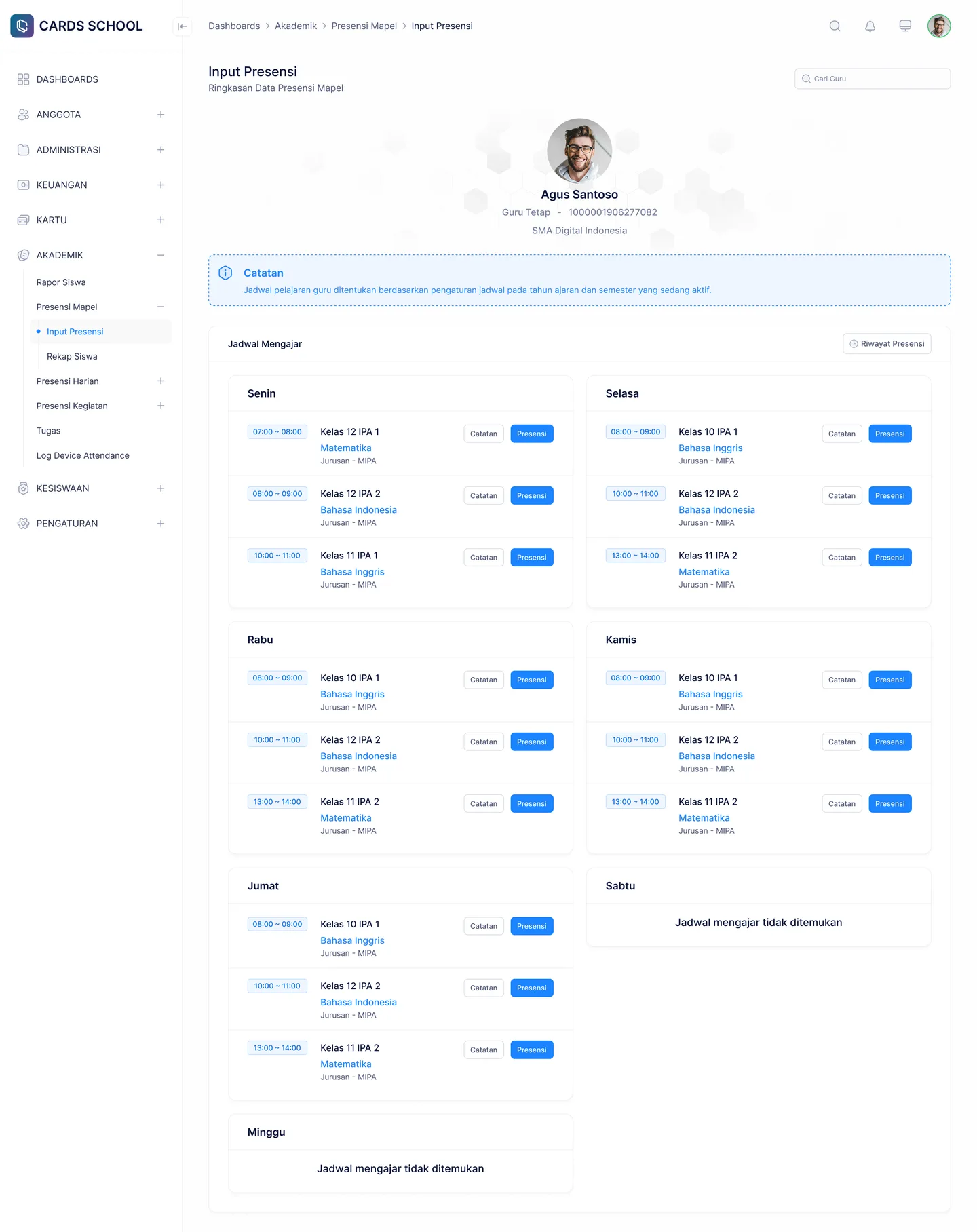 Halaman input presensi mata pelajaran di dashboard Cards School