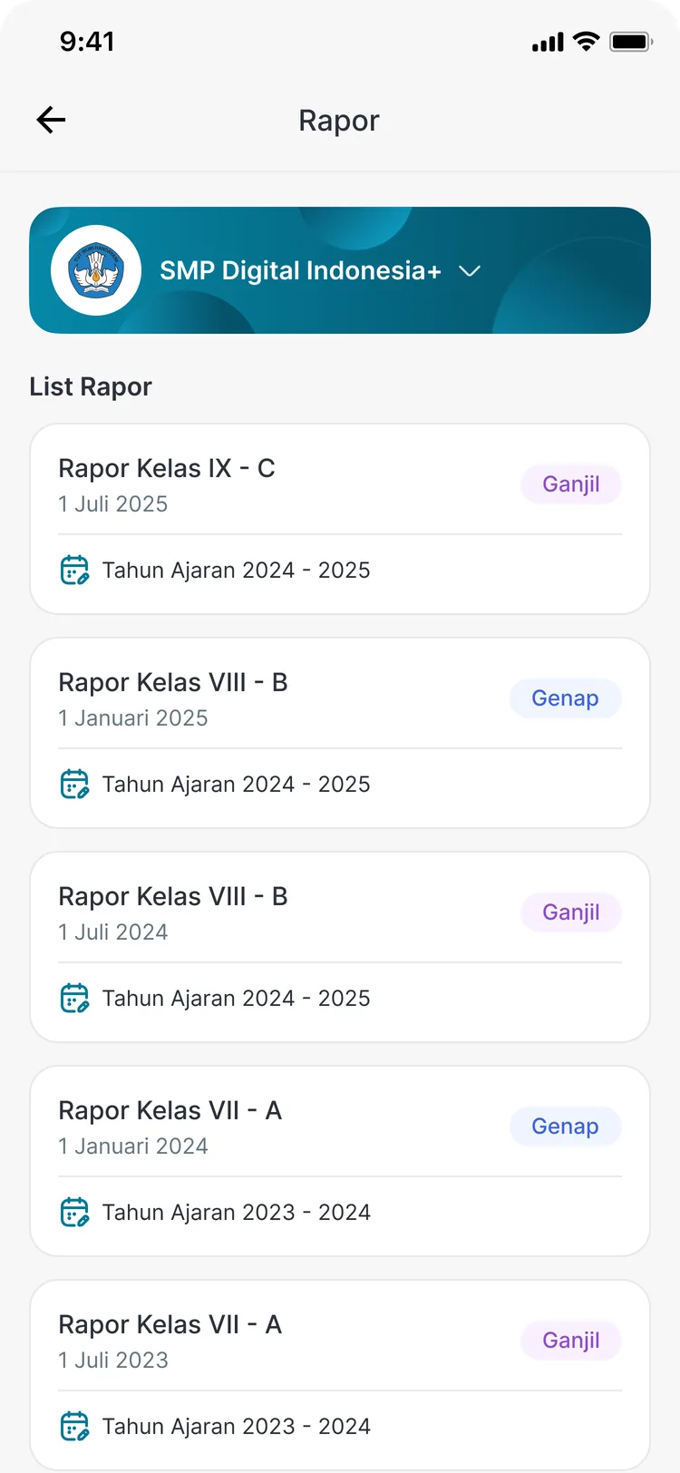 Rapor siswa di aplikasi CARDS untuk orang tua