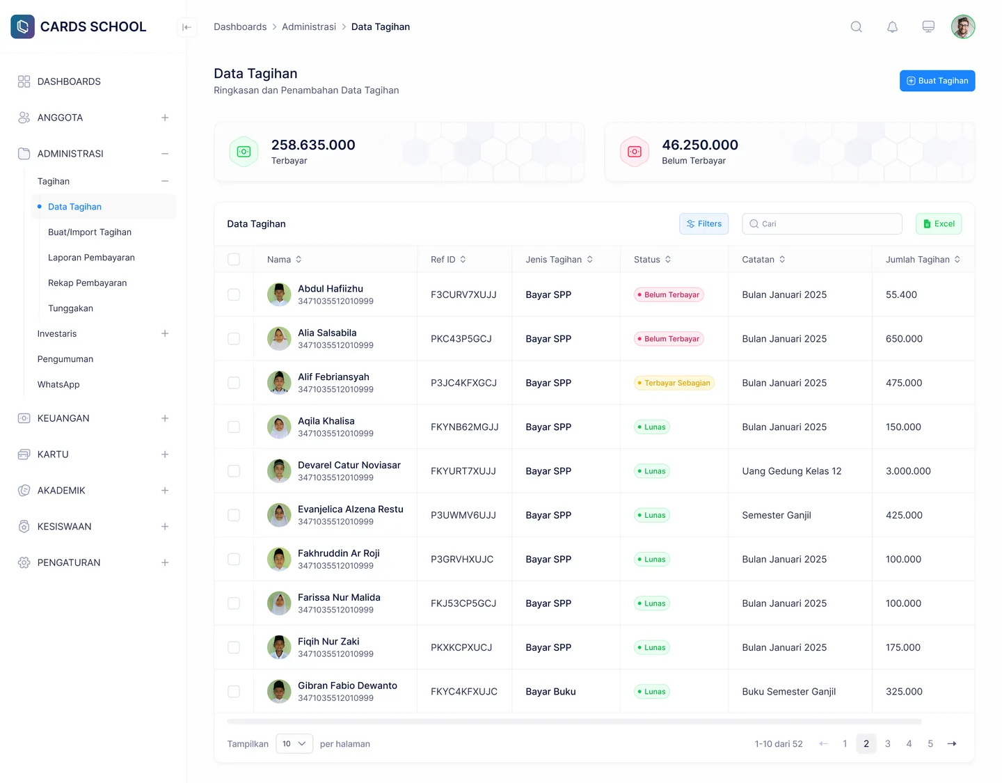 Halaman Data Tagihan di dashboard Cards School