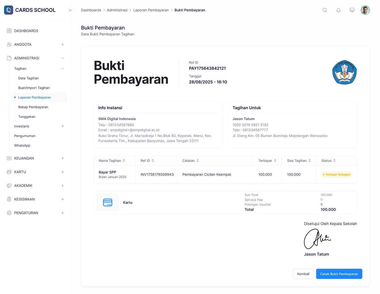 Laporan pembayaran dan bukti pembayaran tunai