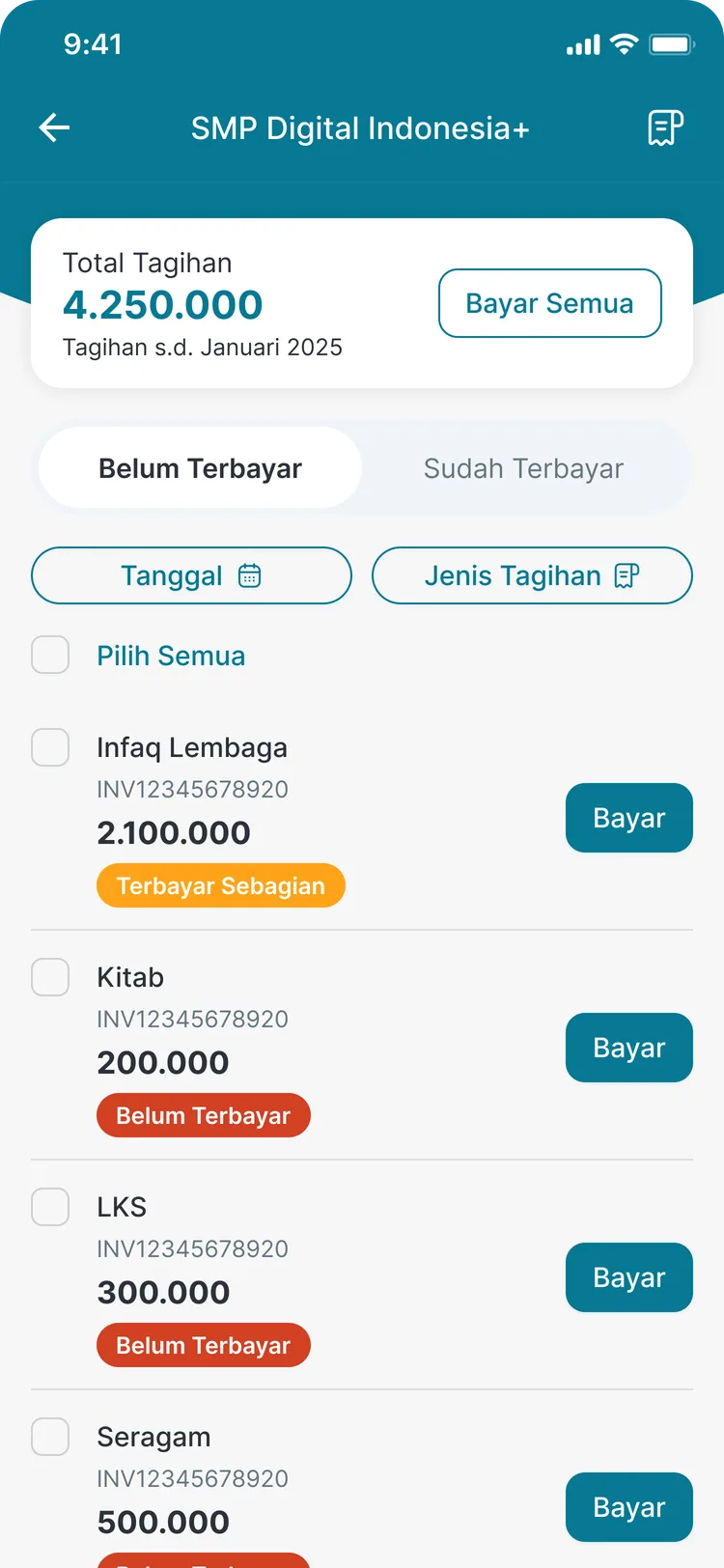 Daftar tagihan siswa di aplikasi CARDS untuk orang tua