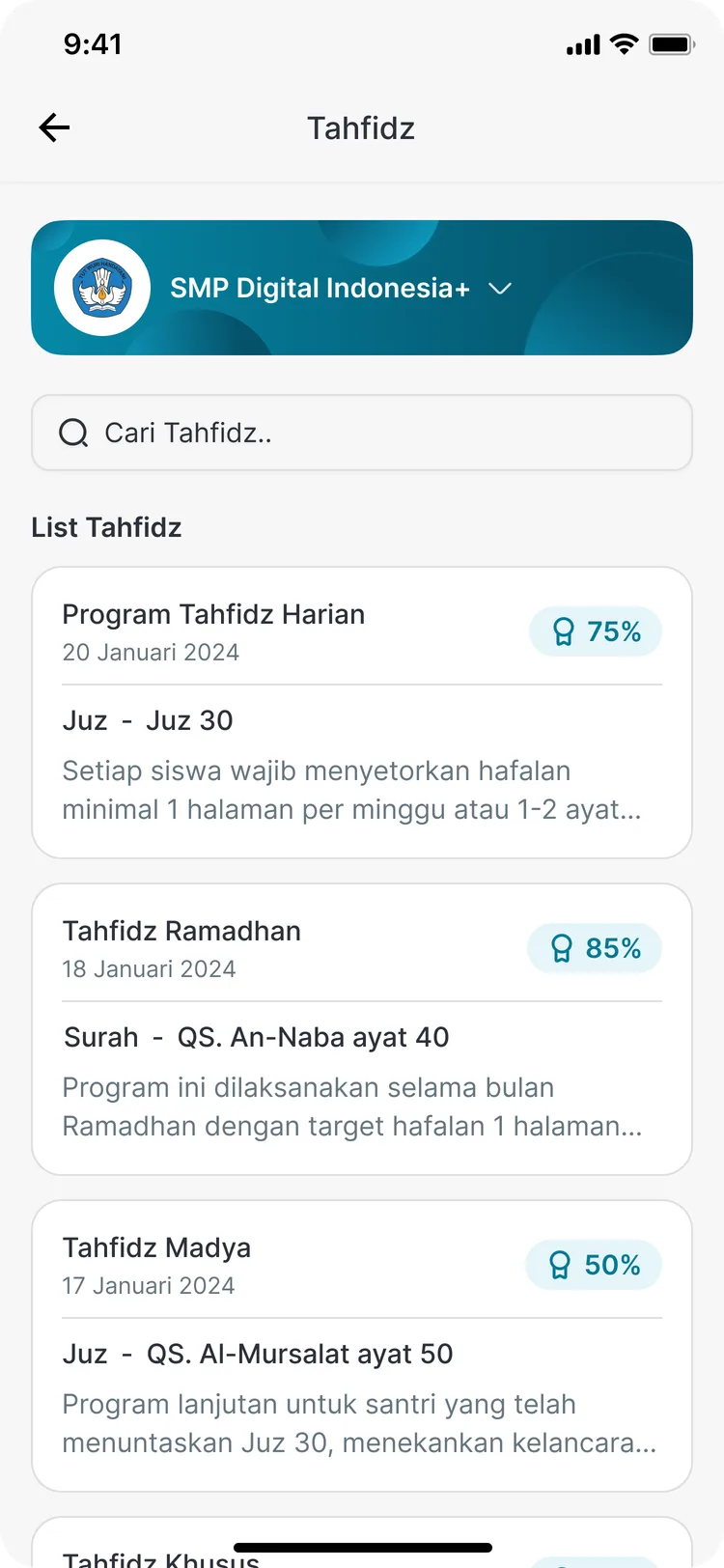 Progres setoran hafalan tahfidz di aplikasi CARDS