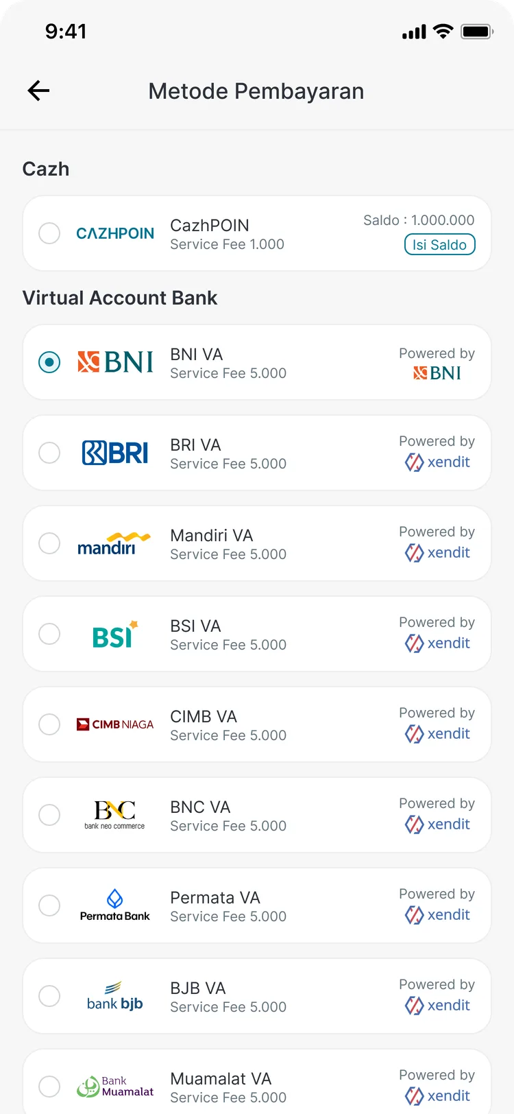 Pilihan metode pembayaran untuk top up kartu siswa