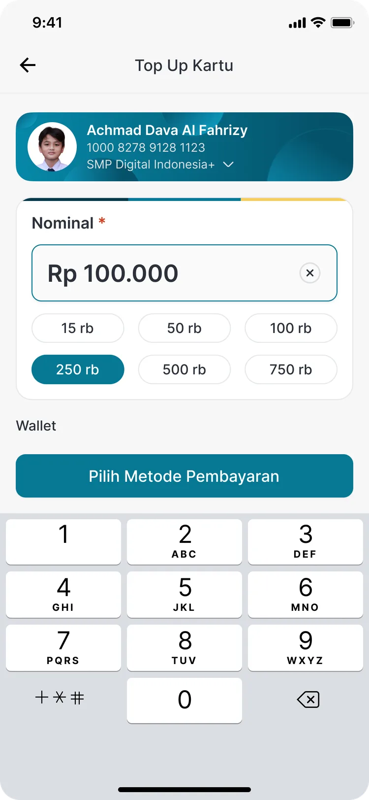 Halaman top up kartu dengan pilihan nominal