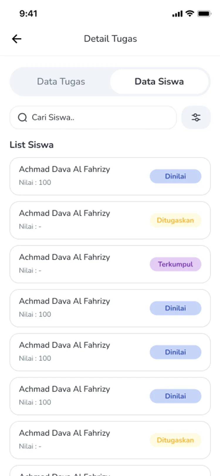 Detail tugas dengan daftar siswa yang ditugaskan