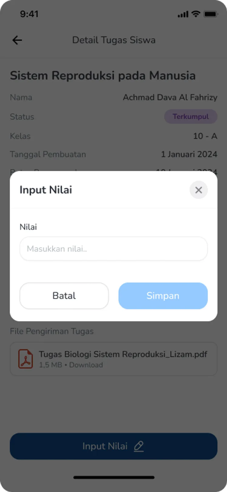 Input nilai tugas siswa di aplikasi guru
