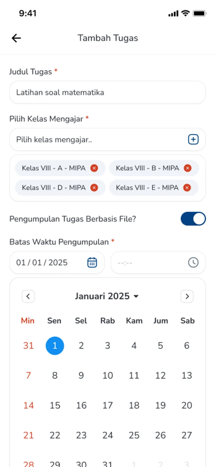 Membuat tugas baru dengan pemilihan tanggal di aplikasi guru