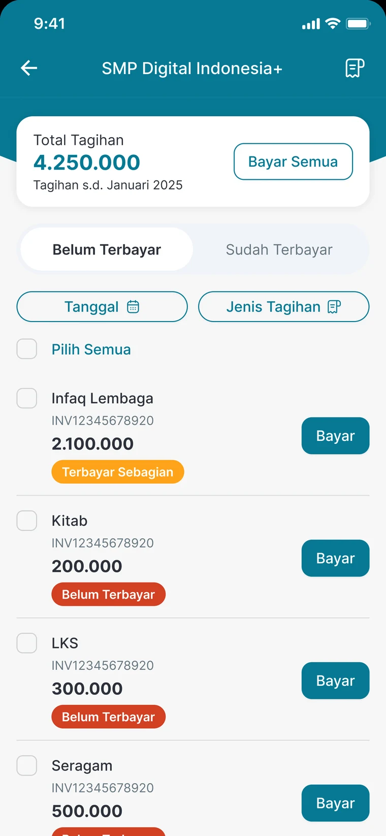 Layar Tagihan digital aplikasi CARDS