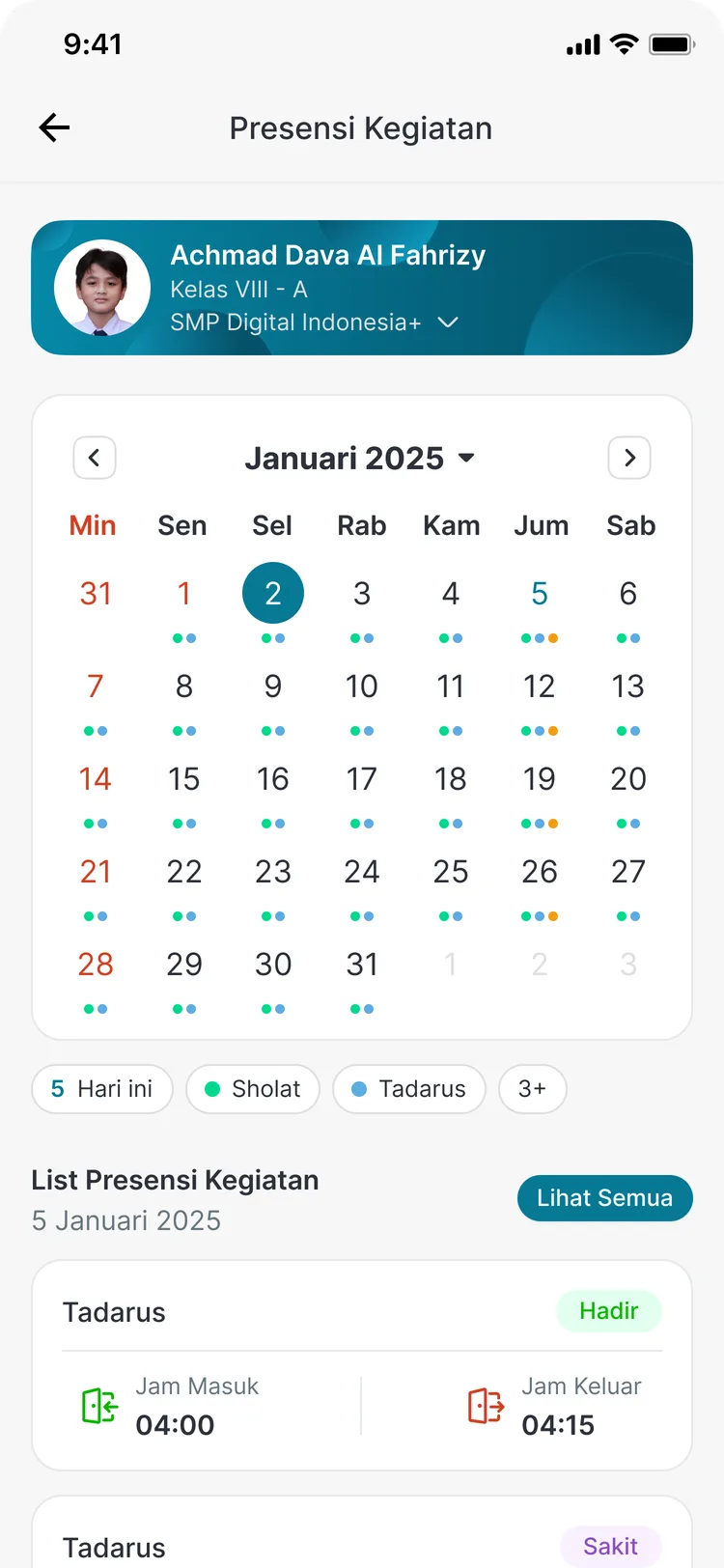 Presensi kegiatan siswa di aplikasi CARDS untuk orang tua