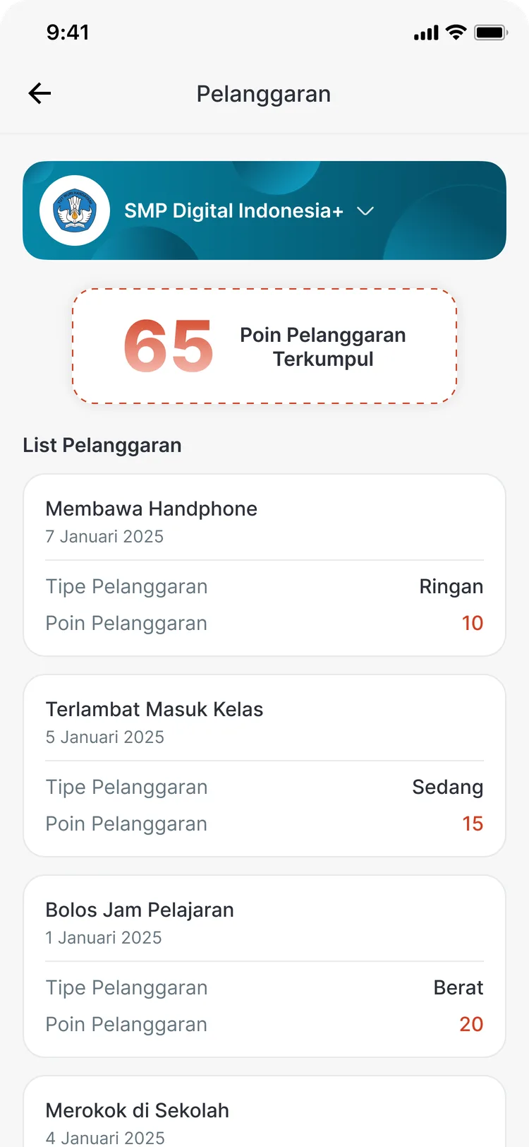 Catatan pelanggaran siswa di aplikasi CARDS