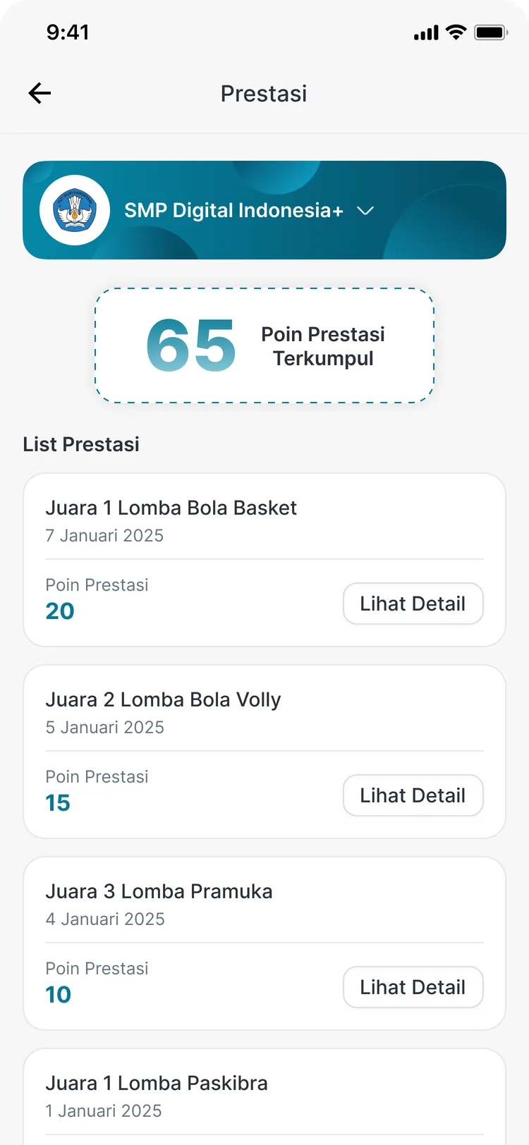 Daftar prestasi siswa di aplikasi CARDS