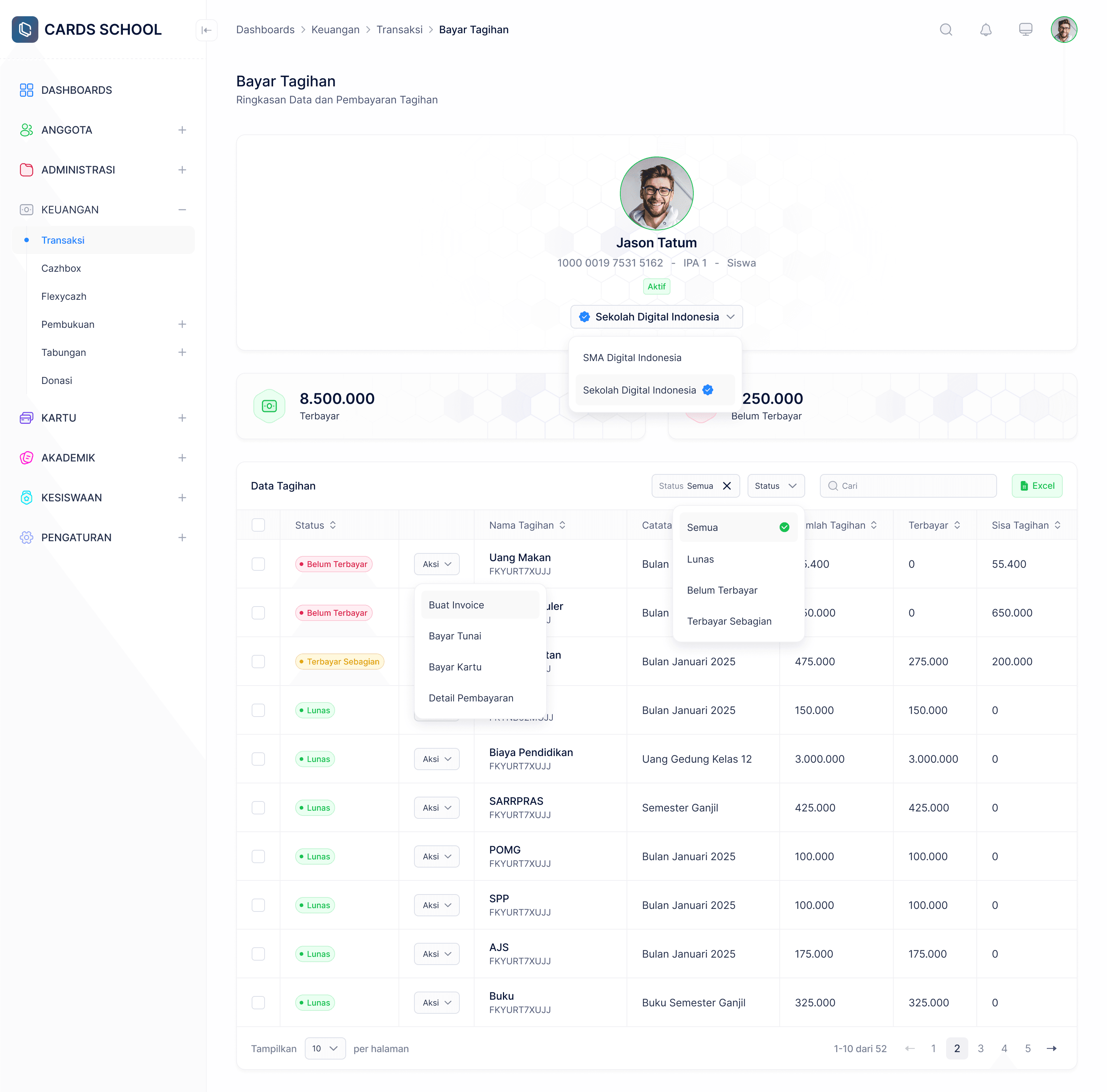 Dashboard pembayaran tagihan SPP CARDS