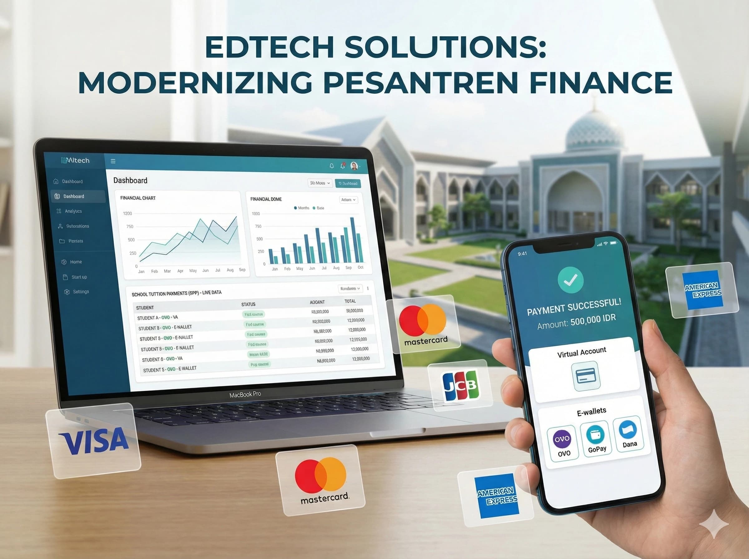 Dashboard aplikasi pembayaran SPP pesantren berbasis web yang menampilkan status transaksi otomatis dan integrasi sistem keuangan digital sekolah.